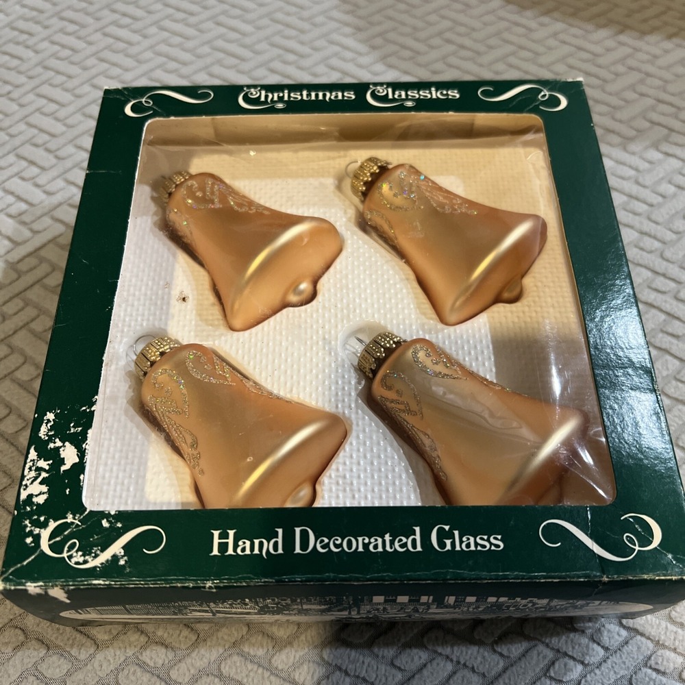 Krebs (4) Glass Bell Ornaments Hand Decorated Yellow/Gold Color In Box